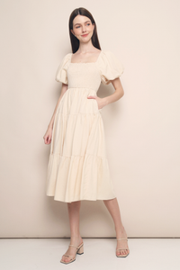 Trinity Smocked Tier Midi Dress Cream