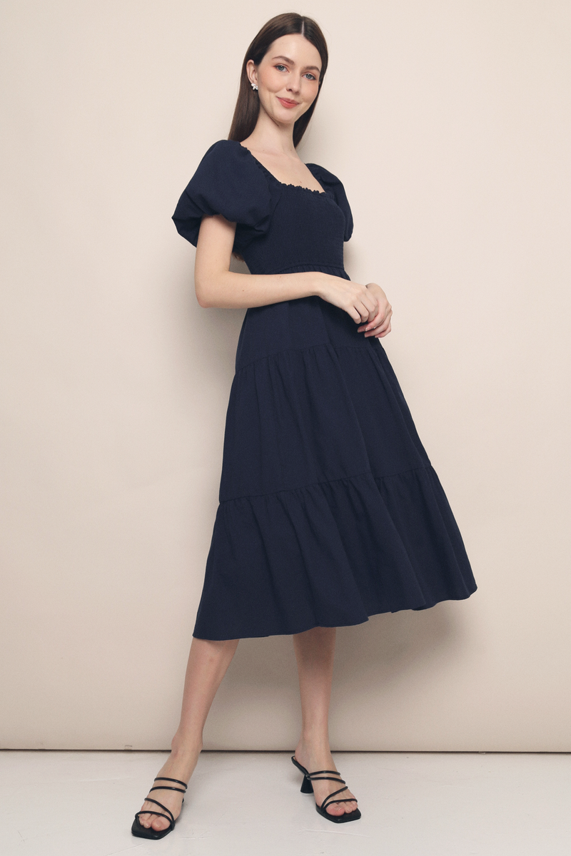 Trinity Smocked Tier Midi Dress Navy