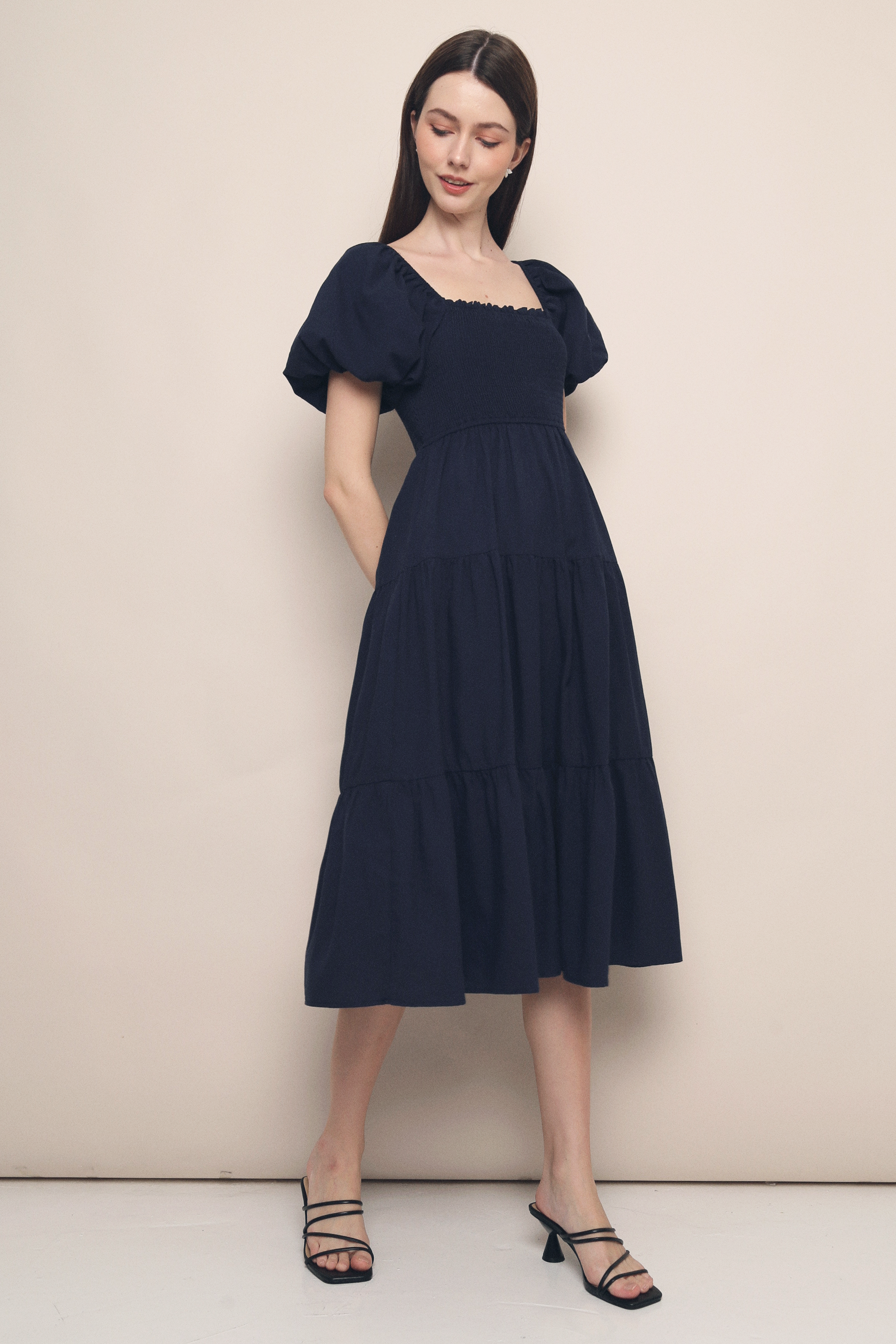 Trinity Smocked Tier Midi Dress Navy