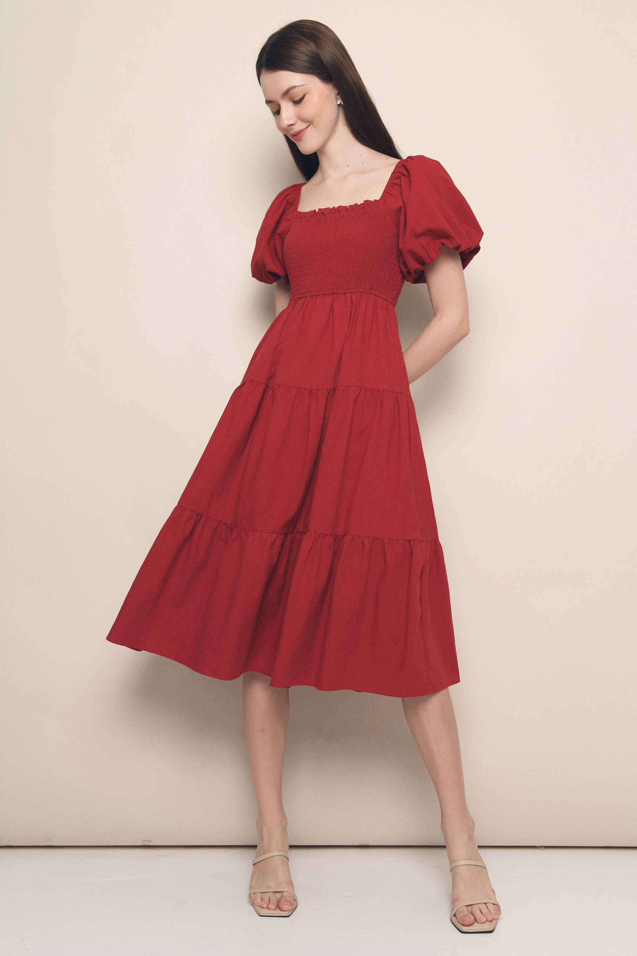 Trinity Smocked Tier Midi Dress Scarlet