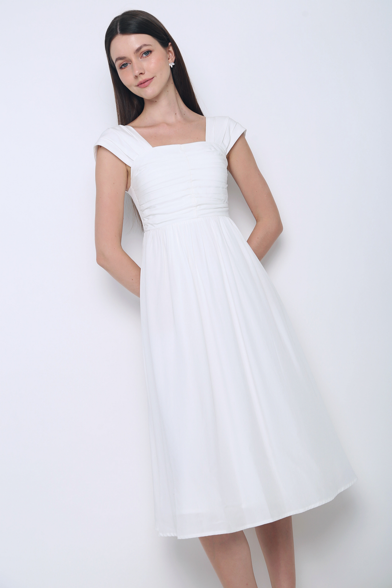 Twila Sweetheart Fan Sleeves Midi Dress White