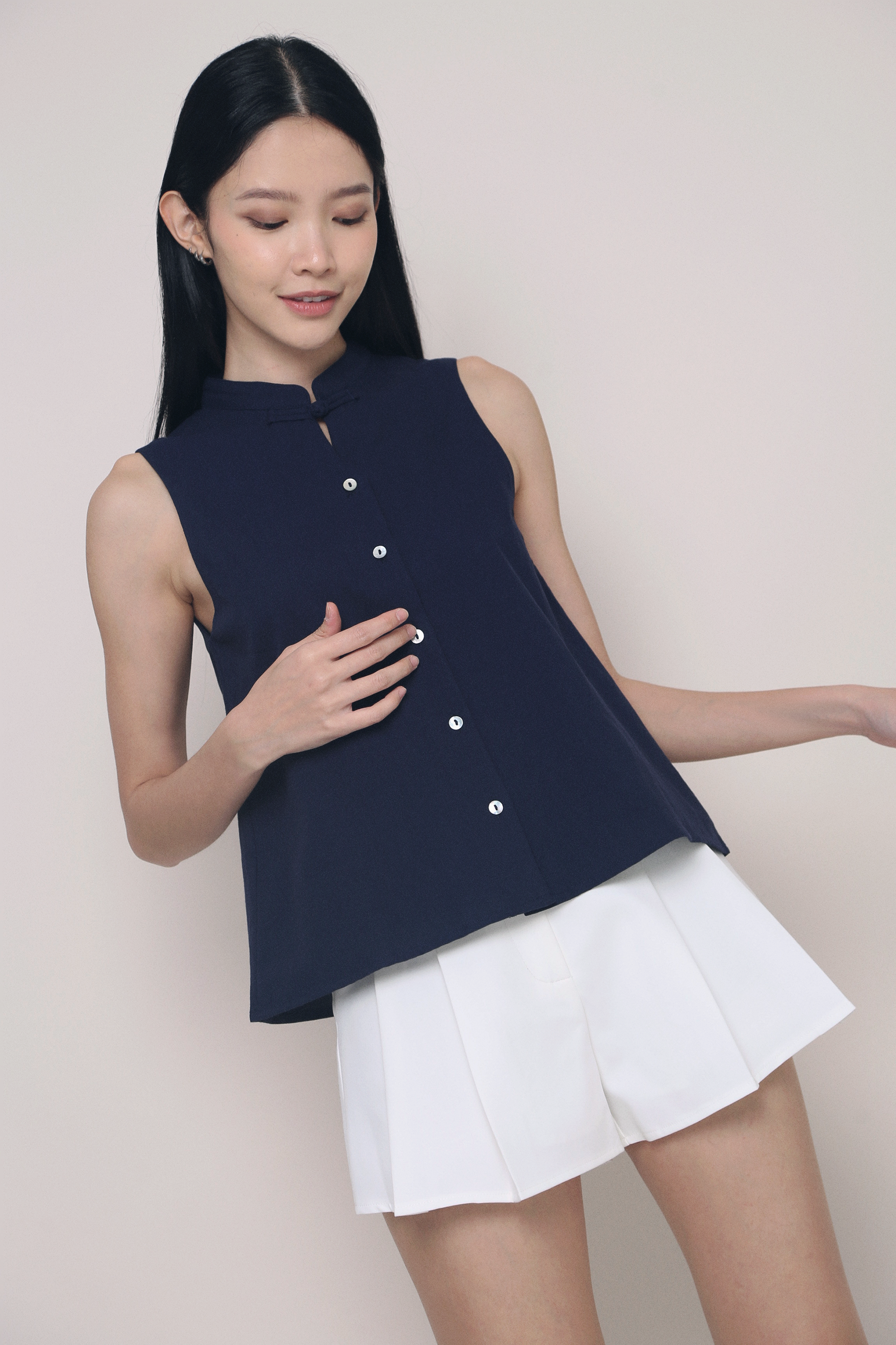 Xin Oriental Sleeveless Blouse Navy